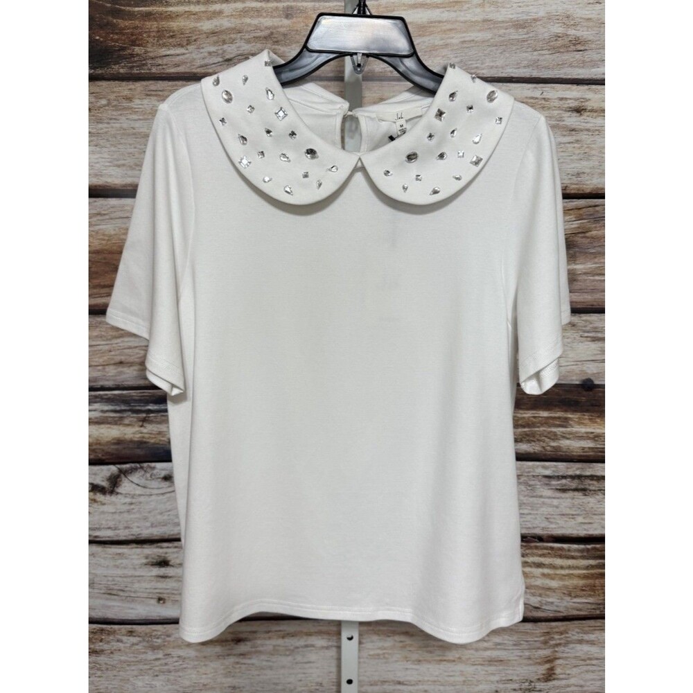 Joh Womens Medium White Beaded Collared Top Blouse New With Tags